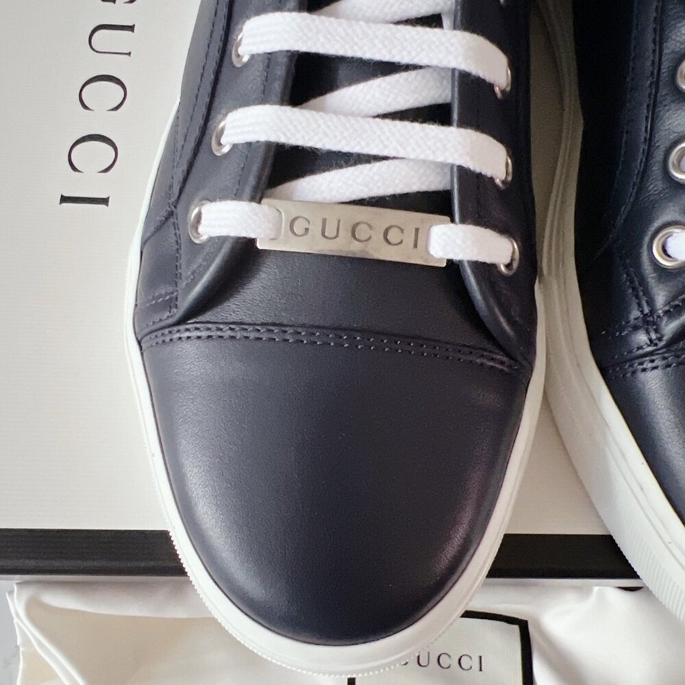 GUCCI Luxus Shoes High Top Sneaker logo Blue Leather Mens UK 8 US 8.5 *Authentic - Picture 4 of 13